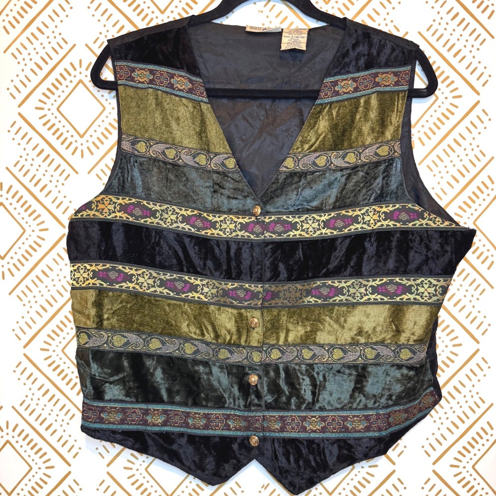 Vintage Vest Women L Forest Green Velvet Tapestry Ornate Button Renfaire Cottage